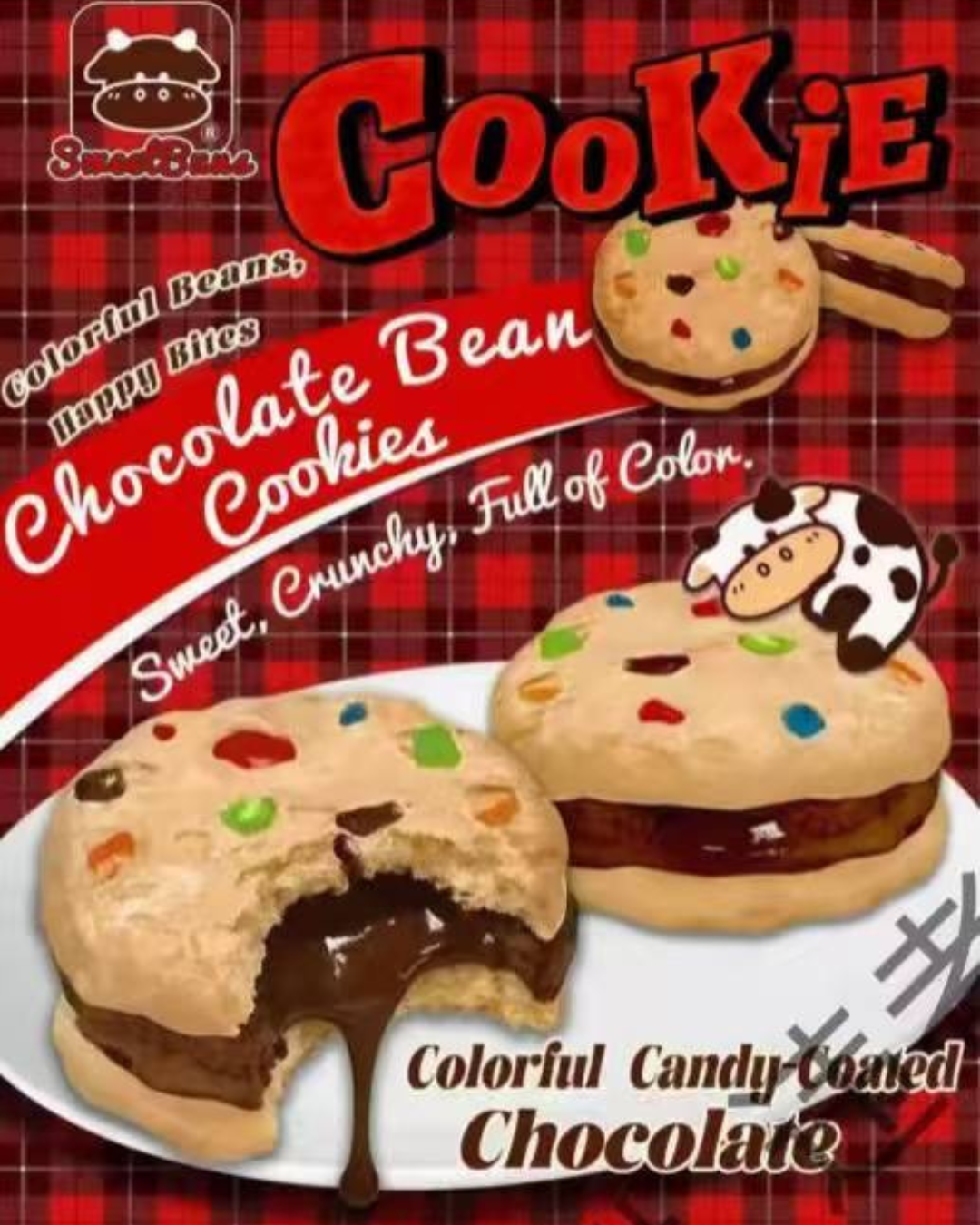 SweetBuns Chocolate Bean Cookies Squishy toy packaging featuring cartoon cow graphics and a red plaid background, with illustrations and photos of sandwich cookies filled with chocolate and colorful candy-coated beans.