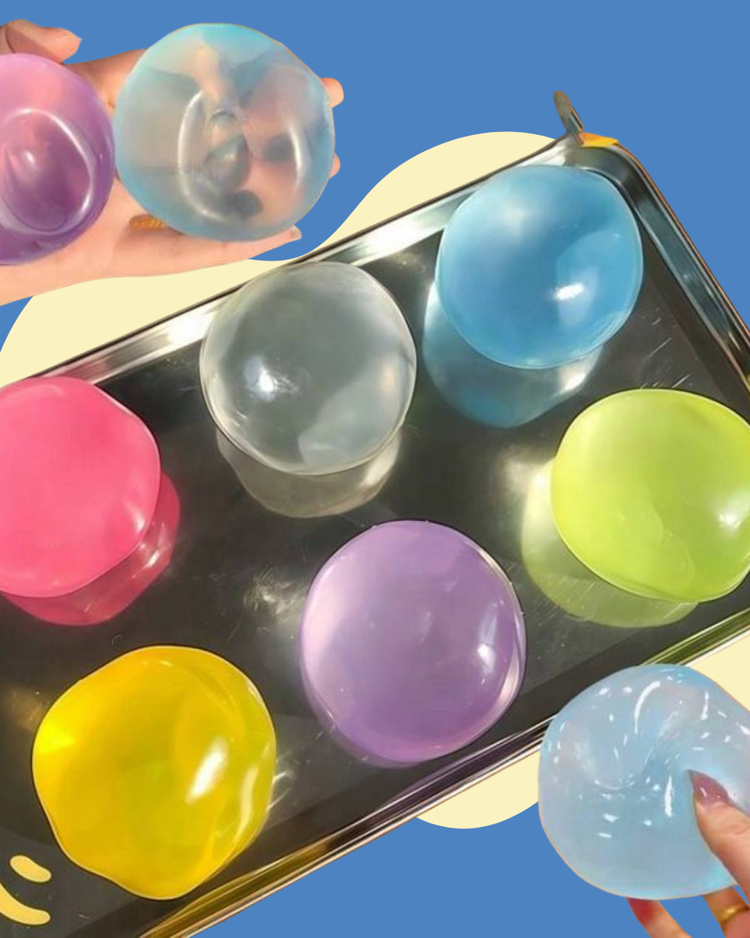 Colorful translucent silicone coconut oil squishy toy balls in pink, blue, purple, yellow, and green, shown being held and arranged on a metal tray against a blue background.