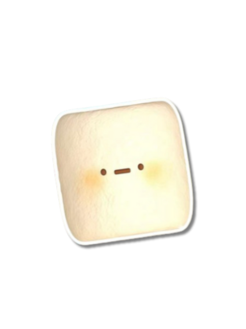 A small square cream-colored squishy rounded corners, featuring a minimalist face made of two dark brown dots and a short horizontal line, shown on a plain white background.