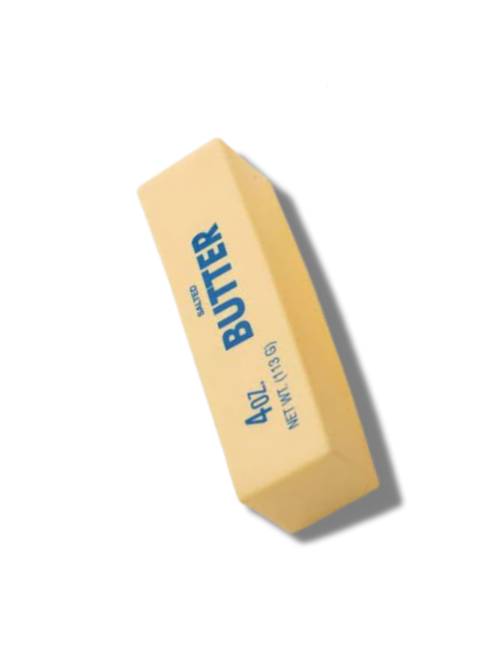 A hachimi butter squishy  with blue text reading 'BUTTER' and '4 oz' on a white background.