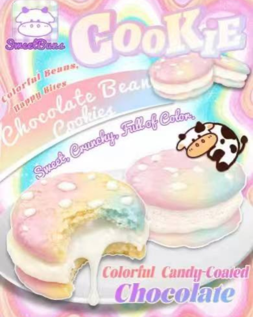 A colorful product graphic for SweetBuns Chocolate Bean Cookies, showing pastel pink, blue, and yellow bean-filled cookies with candy-like coating, plus cartoon cow illustrations and large decorative text on a rainbow background.