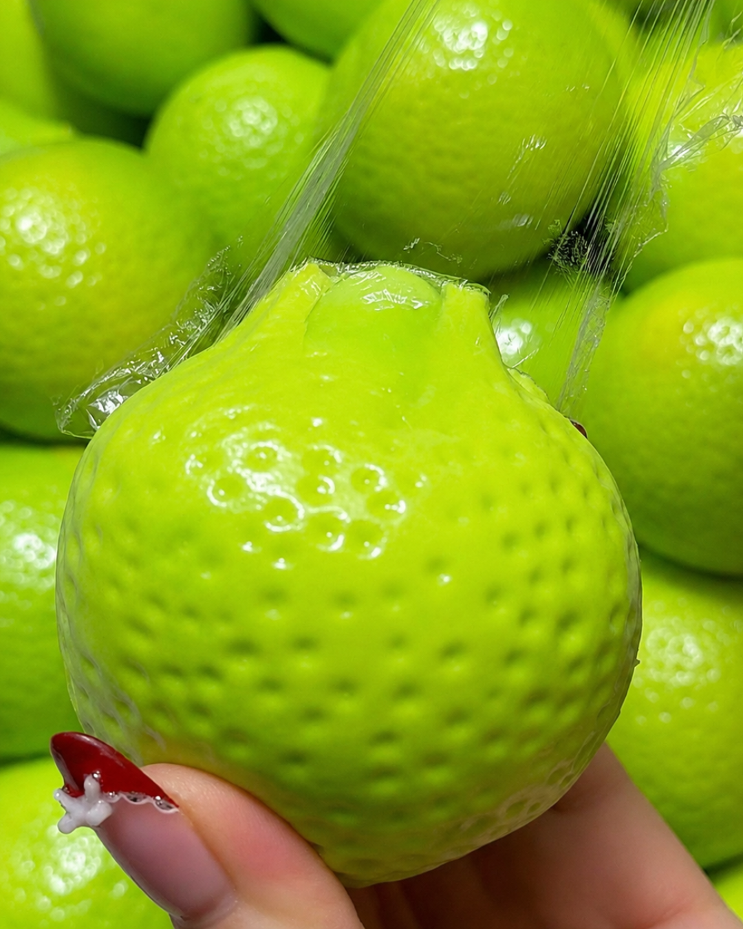 A close-up of a bright green, textured citrus fruit scrunchy squishy toy held by a hand with red nail art, with clear plastic wrap being peeled off. More identical green fruits are stacked in the background.