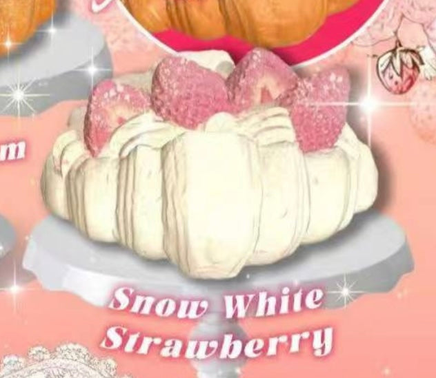 A pink and white illustrated sweetbuns croissant squishy toy labeled 'Snow White Strawberry' on a pastel background, with cream-colored pastry, pink strawberry pieces, and decorative sparkles.